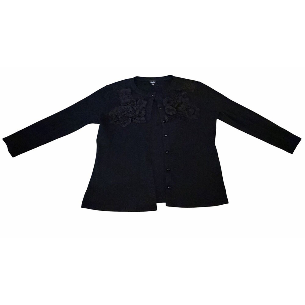 Rafaella Black Cardigan Sweater Button Down Womens Appliques Cotton 3/4 Sleeve M